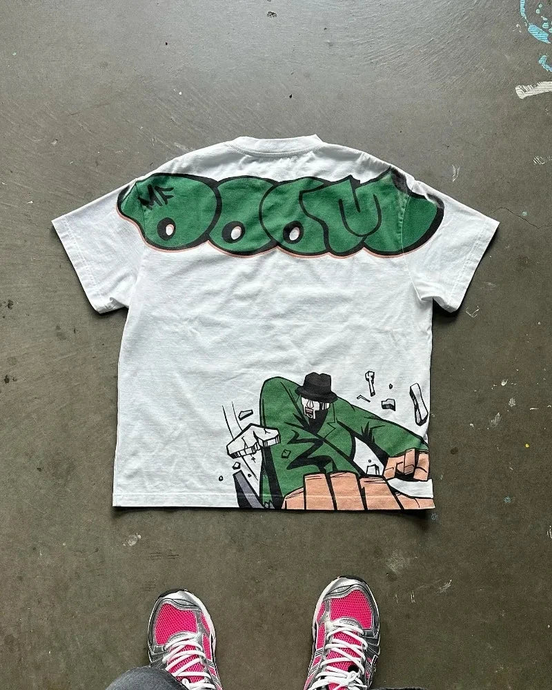 New European and American Character Cartoon Letter Printed T-shirt for Men Y2k Harajuku Casual Pure Cotton Loose Short Sleeve